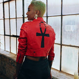 Ankh Galaxy Red Cropped Biker Jacket