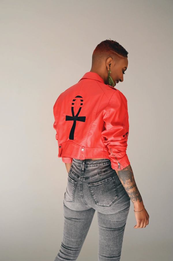 Ankh Galaxy Red Cropped Biker Jacket